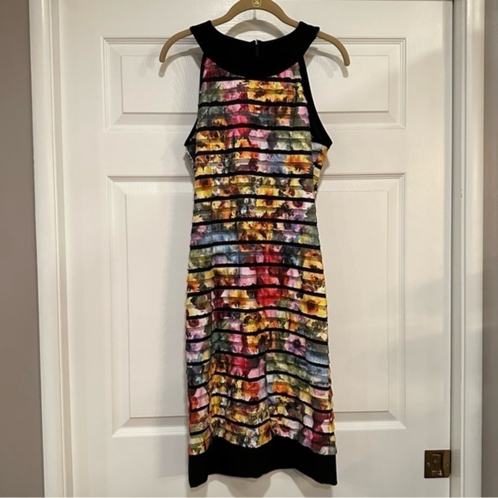 Colorful Floral sleeveless stretchy dress small ruffles trimmed in Black #LK5